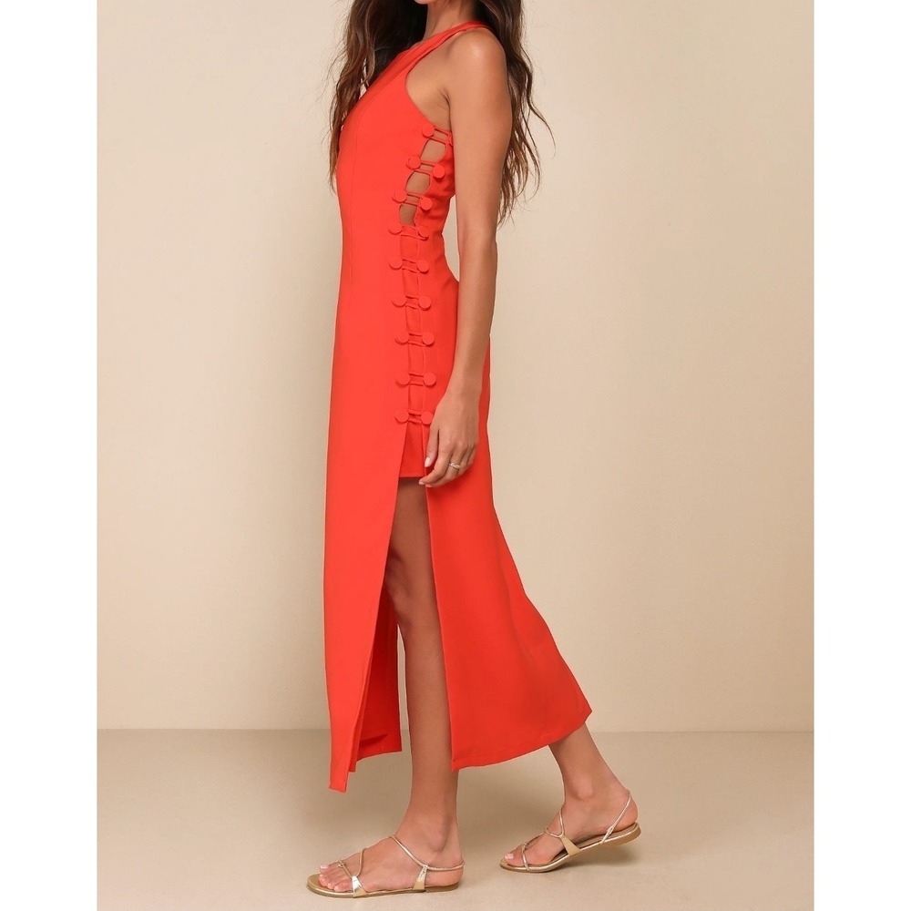 Lulus Masterfully Mod Side Button Midi Dress‎ Womens L Bright Orange Retro Mod